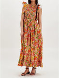 Women Floral Maxi Dress Tie Shoulder Cutout Backless Boho Smocked Flowy Dresses Summer Fall Sundress