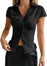 Women Button Down Shirt Y2k Short Sleeve Collared Fitted Blouse Tie Back Going Out Tops