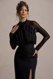 Alder Black Mesh Long Sleeve Ruffled Split Maxi Dress