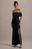 Martine Navy Satin Bardot Wrap Maxi Dress