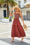 Women Floral Embroidered Maxi Dress Sleeveless Tie Shoulder Smocked Flowy Dress Boho Summer Sundresses with Pockets