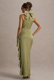Maureen Light Green Satin High Neck Draped Maxi Dress