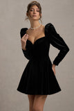 Shirley Black Velvet Sweetheart Puff Sleeve Mini Dress