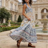 Women Floral Maxi Dress Tie Shoulder Patchwork Smocked Flowy Boho Dress with Pockets Summer Vacation Sundress