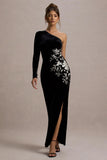 Chance Black Embroidered Velvet One Sleeve Maxi Dress
