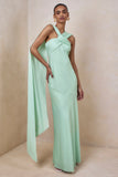 Sloane Mint Matte Satin Halter Neck Maxi Dress With Cape
