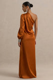 Thelma Orange Satin Asymmetric Maxi Dress With One Sleeve