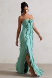 Gardenia Mint Green Strapless Ruffle Maxi Dress With Corsage