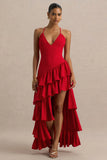 Bogota Red Plunge Neck Maxi Dress With Ruffling Details And Front High Split