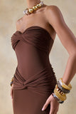 Elodia Brown Bandeau Maxi Dress With Gathered Detailing