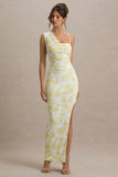 Sitara Lemon Porcelain Print Cowl Neck Maxi Dress With Asymmetric Skirt