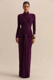 Linessa Dark Plum High Neck Maxi Dress With Sash And Gathered Detailing