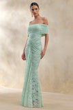 Elinor Sage Lace Bardot Neck Maxi Dress With Gathered Detailing