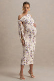 Katarine Peach Floral Print Asymmetric Knot Maternity Midi Dress