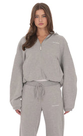Cropped Fleece Zip Up Hoodie in Grey