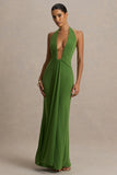 Hera Green Extreme Plunge Maxi Dress With Ruched Detail
