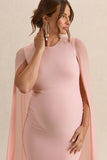 Currant Pink Crew Neck Maternity Maxi Dress With Cape