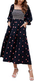 Women Floral Embroidered Maxi Dress Long Puff Sleeve Square Neck Bohemian Flowy Dress with Pockets Summer Fall