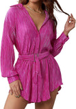 Women Shirt Dresses Long Sleeve Pleated Mini Dress Casual Button Down Tunic Tops with Belt Vintage Streetwear
