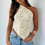 Women One Shoulder Lace Top Irregular Hem Backless Crop Tops See Through Sheer Tank Tops Going Out Clubwear
