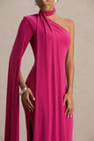 Amal Hot Pink Asymmetric Neck Maxi Dress With Scarf and Cape Detail