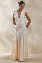 Glorina Cream Plunge Neck Maxi Dress With Draped Detailing