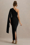 Clementina Black Asymmetric Cape Sleeve Maxi Dress