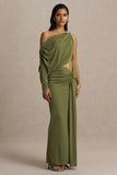 Layla Olive Asymmetric Neck Wrap Maxi Dress With Body Cut Out And Ruched Detailing