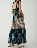 Women Floral Maxi Dress Tie Shoulder Patchwork Smocked Flowy Boho Dress with Pockets Summer Vacation Sundress