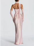 Women Wedding Guest Dress Satin Corset Top Elegant Maxi Dresses with Sheer Scarf Evening Gown