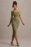 Clovette Olive Ruched Bardot Cut Out Midi Dress