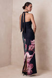 Palatial Pink Border Print Halter Neck Cowl Maxi Dress