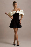 Brynne Black Cream Velvet Mini Dress With Satin Puff Sleeves