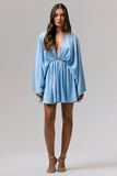 Ocean Flower Powder Blue Crinkle Chiffon Draped Mini Dress