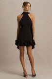 Geneve Black Halter Neck Mini Dress With Ruffled Trim