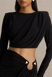 Fluxy Black Long Sleeved Crop Top With Ruched Detailing