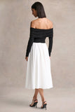 Frederica Black And White Bardot Neck Midi Dress