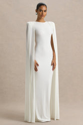 Mimi White Slashed Neck Maxi Dress With Cape Sleeve Detail