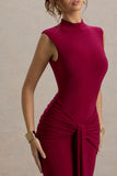 Graziana Burgundy High Neck Gathered Draped Maxi Dress