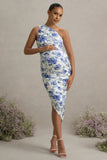 Late Night Blue Floral Print Maternity Ruched One Shoulder Midi Dress
