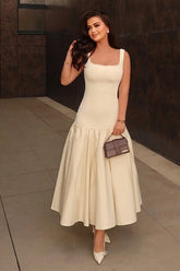 Parida Cream Poplin Drop Waist Midi Dress With Peplum Hem