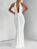 Women Deep V Neck Ruched Maxi Dress Sleeveless Halter Gown Cocktail Evening Formal Dresses