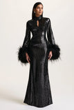 Cosmic Star Black Sequin High Neck Maxi Dress With Feather Cuffs