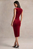 Nivina Red Velvet High Neck Midi Dress With Cap Sleeves