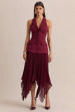 Marvelle Burgundy Plunge Neck Maxi Dress With Hanky Hem