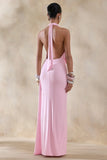 Rosina Pink Halter Neck Draped Maxi Dress With Sash