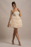 Peaches Champagne Strapless Mini Dress With Volume Feather Hem