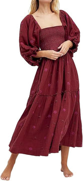 Women Floral Embroidered Maxi Dress Long Puff Sleeve Square Neck Bohemian Flowy Dress with Pockets Summer Fall