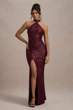 On The Rise Berry Sequin High Neck Strappy Back Split Maxi Dress