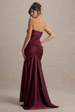Cassidy Burgundy Satin Bandeau Gathered Maxi Dress